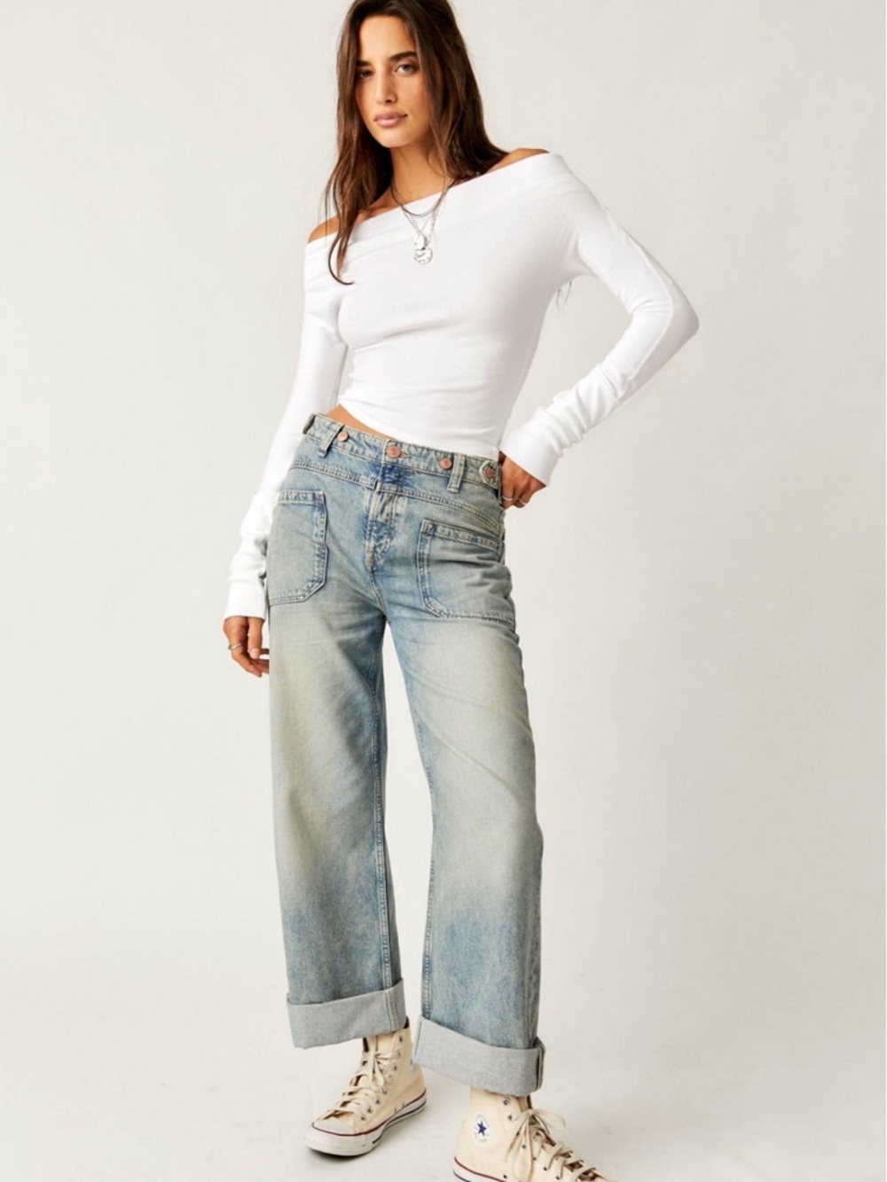 Free People Palmer Cuffed Jeans, Size 33, Light Blue High-Rise Wide Leg Jeans